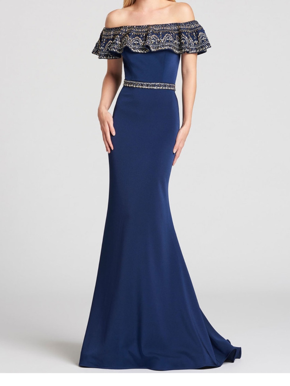 Ellie Wilde Festive off-the-shoulder formal dress with embellished ruffle Navy